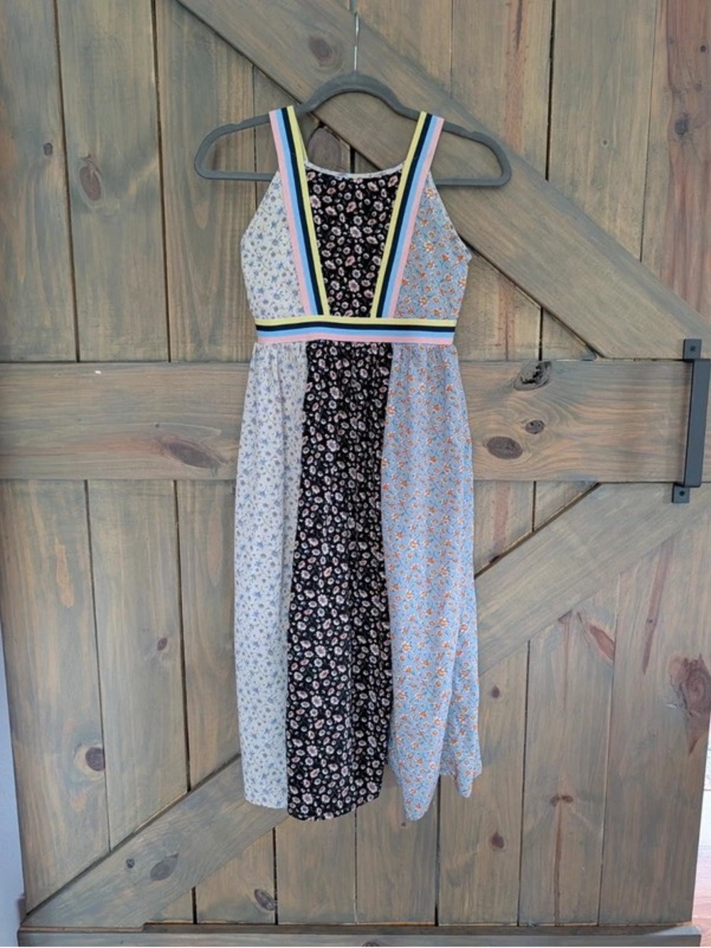 Patchwork Floral Maxi Dress with Multicolor Striped Trim - Black & Pastels